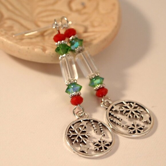 Snowflake Earrings Christmas Dangle Pierced or Clip-on Earrings Silver Earrings - Picture 6 of 7